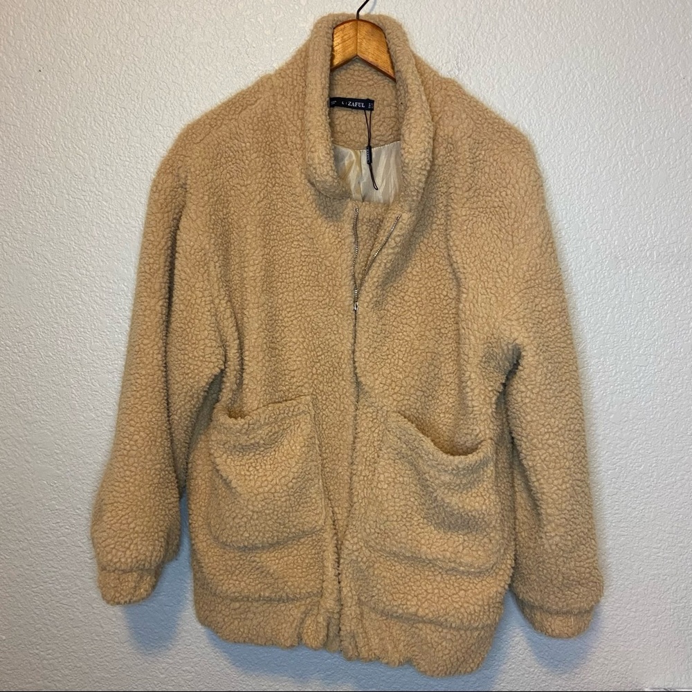Zaful Tan Teddy Zip Up Coat Size Large